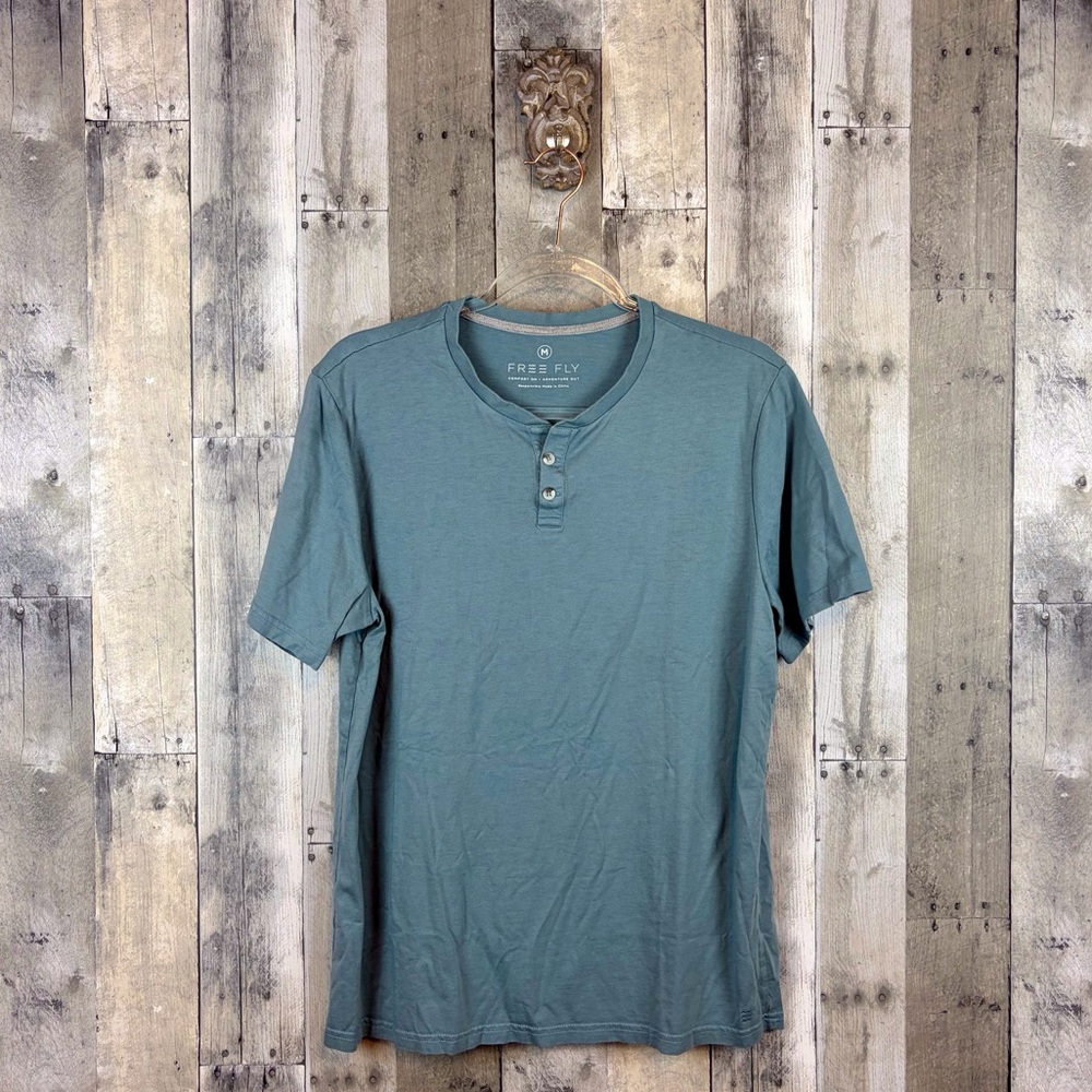 Free Fly Henley Short Sleeve Tee in Dusty Blue Size Medium.